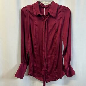 Free People Wine Pink Long Sleeve Button Down Bow Long Cuffs XS